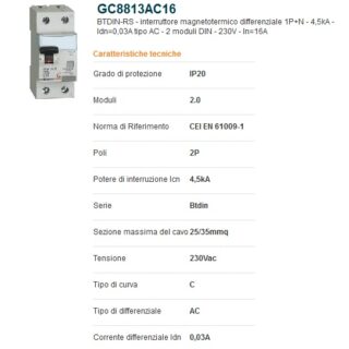 Bticino GC8813AC16 BTDIN Interruttore Magnetotermico Differenziale 1P+N 4,5ka